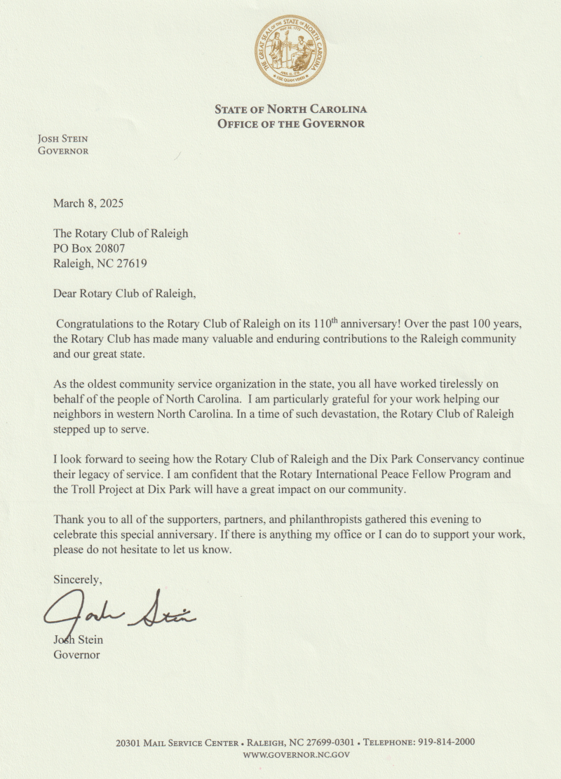 The Governor's Letter Celebrating Rotary Club of Raleigh